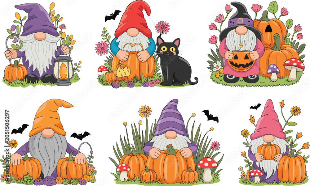 Naklejka premium Whimsical halloween gnomes with pumpkins, black cats and autumn flowers for theme