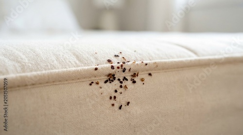 Bedbug stains on mattress seam in a bedroom setting