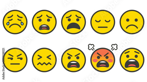 A set of cartoon yellow emoticons displaying a range of human emotions from sadness and distress to anger and frustration.