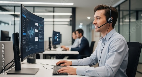 Smiling male customer service representative wearing a headset provides professional business support in a modern office environment