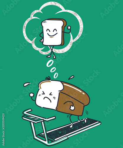 Obraz na płótnie Funny cartoon bread characters, running on treadmill, thinking of toast, healthy