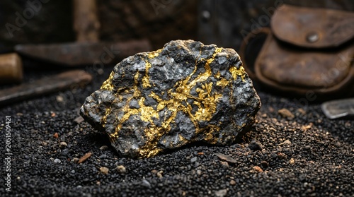 A piece of raw, unrefined gold ore with bright golden veins sitting on black volcanic sand in a dark mine environment.