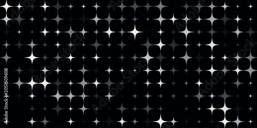 Abstract geometric pattern featuring sparkling silver and white stars arranged on a seamless dark black grid backdrop
