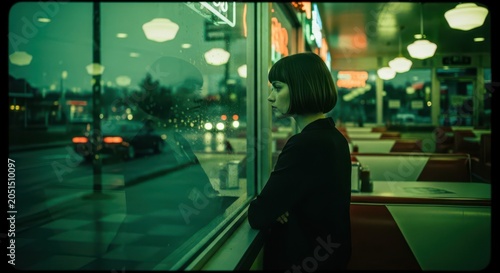 A contemplative woman with a bob haircut looking out of a rainy diner window at night