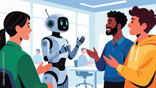 Robot engaging in conversation with a diverse group of people in an office.