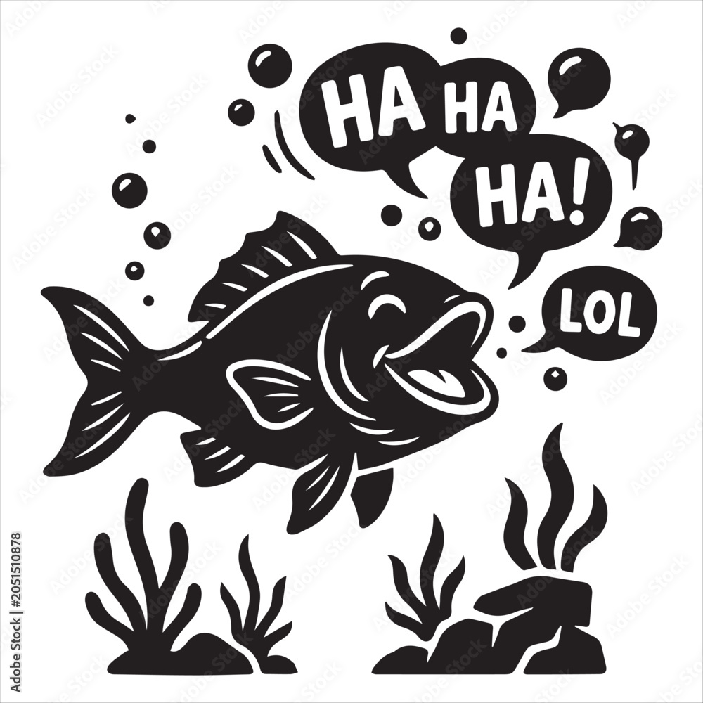 Fototapeta premium Fish Blowing Speech Shaped Bubbles Underwater in Minimal Silhouette Humor