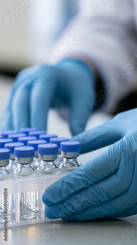Scientist handling laboratory vials with protective gloves  representing research  testing  and pharmaceutical development.