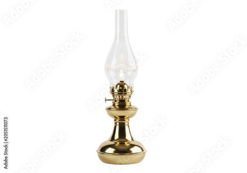 Vintage brass oil lamp with a glass chimney and a small flickering flame isolated on transparent background