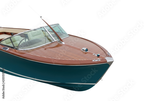 Front view of a luxury wooden motorboat isolated on transparent background