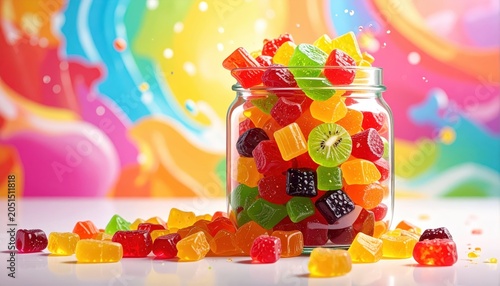 A vibrant jar overflowing with assorted fruit-shaped gummies, with candies scattered around, showcasing a delightful confectionary display.