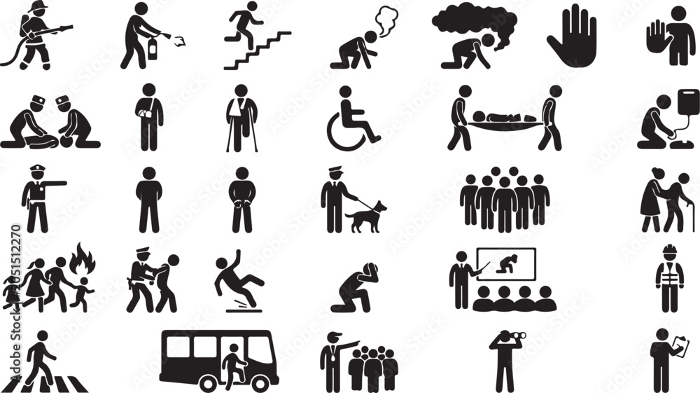 Naklejka premium Set of safety and emergency vector icons with people and symbols
