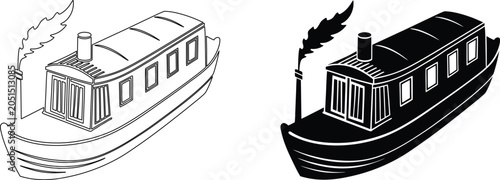 Photos Isometric steam boat icon set with line art and silhouette versions for transportation graphics
