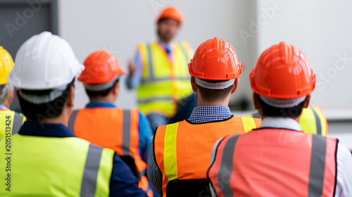 Construction workers attending a safety briefing wearing helmets and high visibility vests at a job site.Construction workers attending a safety briefing wearing helmets and high visibility vests.