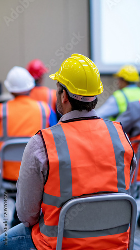 Construction workers attending a safety briefing wearing helmets and high visibility vests at a job site.Construction workers attending a safety briefing wearing helmets and high visibility vests.