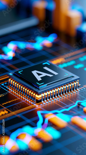 Artificial intelligence processor chip with glowing circuitry and data visualization  representing advanced computing and digital analytics.