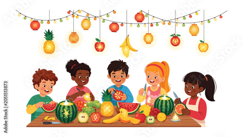 Foto A Fruity Fiesta: Children joyfully carve and decorate watermelons and other fruits at a table adorned with festive lights, celebrating a colorful harvest festival