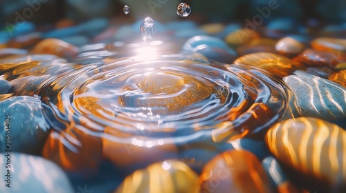 Pebbles under shallow water lens with ripple distortion earthy color and abstract clarity ideal for natural macro visuals