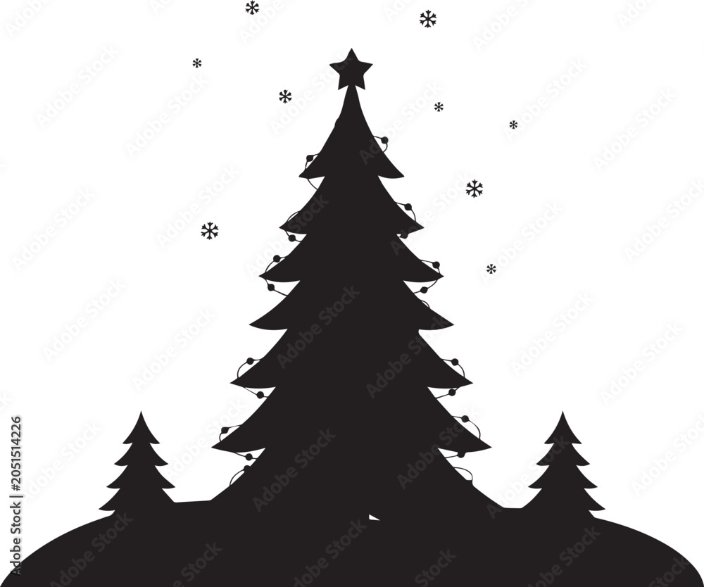 Obraz premium Silhouette of large Christmas tree with smaller trees below and snowflakes falling on festive string lights.
