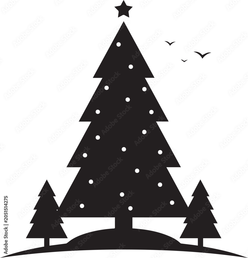 Obraz premium Christmas tree silhouette with star topper circular ornaments birds and surrounding pines isolated on transparent background.
