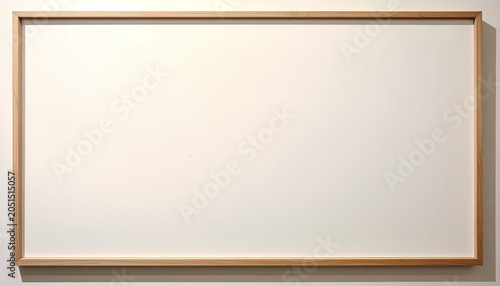 Horizontal blank frame with light wood border, front eye-level view for mockup presentation, photo with natural side lighting and soft shadow on a clean white gallery wall.