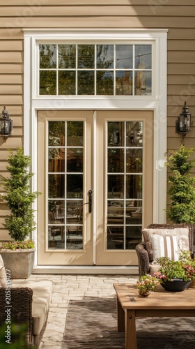 Elegant French doors with transom window opening to a sunlit backyard patio with outdoor furniture.