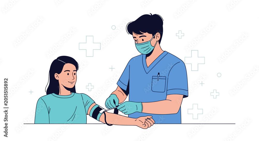 Fototapeta premium Doctor taking blood pressure of patient, healthcare, medical check-up, vector illustration