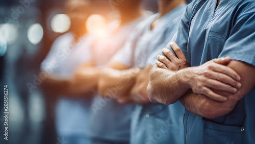 Close-up of professional healthcare medical team standing with arms crossed in hospital corridor representing expert unity, confidence, and dedicated patient care.