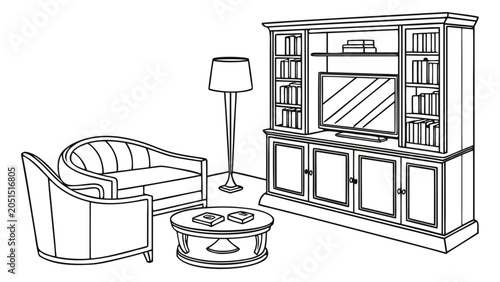 Obraz na płótnie Living room interior outline drawing with entertainment center and sofa