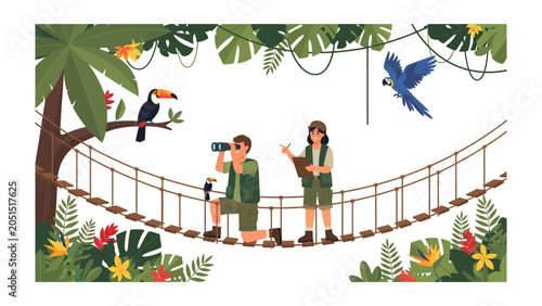 Fotografie Explorers in the Rainforest Canopy: Two adventurers, a man with binoculars and a woman with a map, traverse a rope bridge high in the lush rainforest canopy, observing exotic flora and fauna