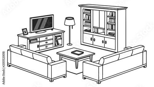 Obraz na płótnie Living room furniture set with sofas and entertainment center line art, interior