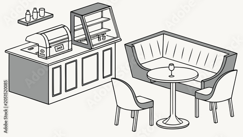 Obraz na płótnie Cafe interior station with booth seating and serving counter sketch, interior
