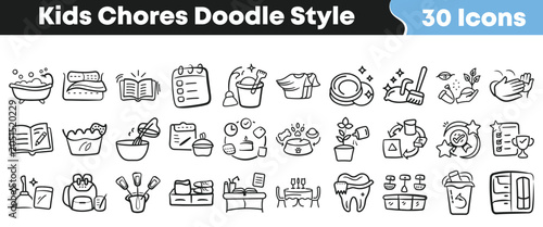 Fotografie Hand drawn doodle style icons depicting various daily kids chores