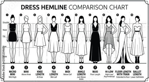 Konstfotografi Comprehensive educational dress hemline comparison chart featuring various skirt