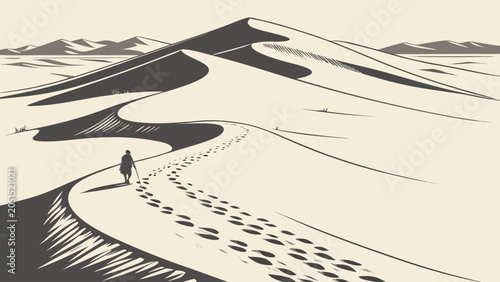 Foto Illustration of lone traveler walking across vast desert sand dunes