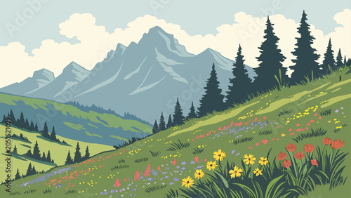 Canvas Print Alpine meadow landscape with wildflowers and mountain peaks mountain landscape