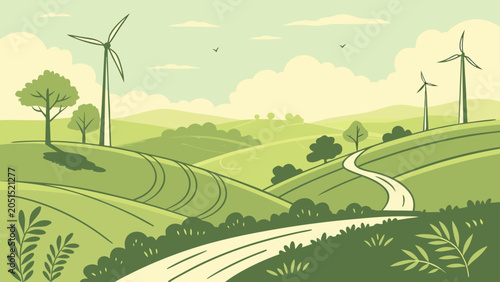 Cuadro en lienzo Green rolling hills landscape with wind turbines landscape sustainable
