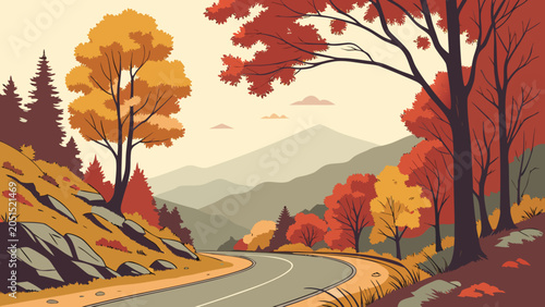 Graphic winding road through an autumn forest landscape with landscape, colorful