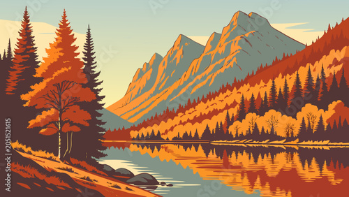 Autumn mountain lake reflection landscape illustration with mountains, landscape