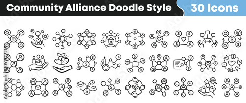 Fotografie Set of thirty hand drawn community alliance icons in doodle style