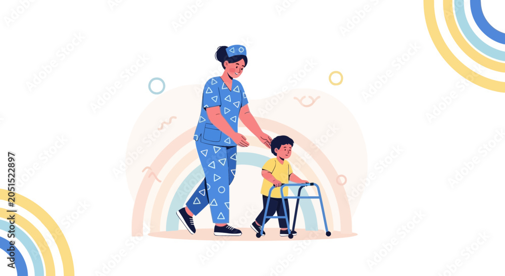 Obraz premium Nurse Helping Child with Walker in Rehabilitation, symbolizing care, support, and recovery.