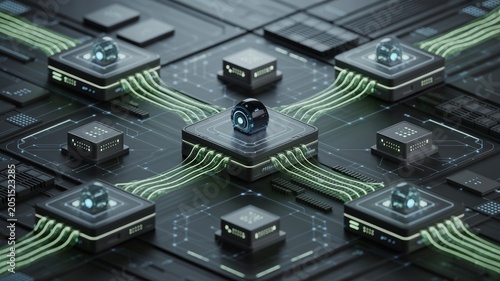 Futuristic central processor unit connected to peripheral microchips with data