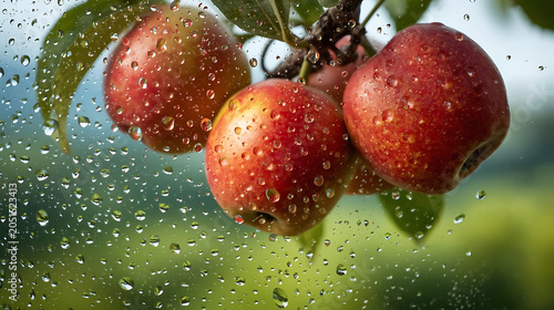 This image features fresh, ripe apples hanging from a tree branch