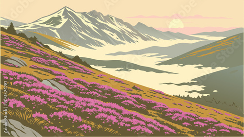 Konstfotografi Purple flower mountain meadow with distant peaks and rolling mist, mountain