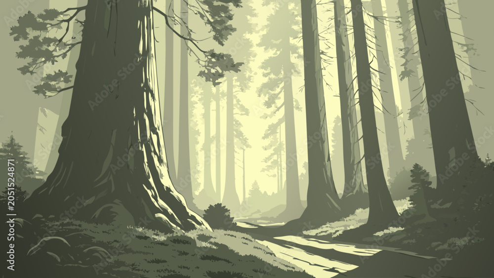 Fototapeta premium Ancient forest with giant redwood trees illustration woodland tranquil