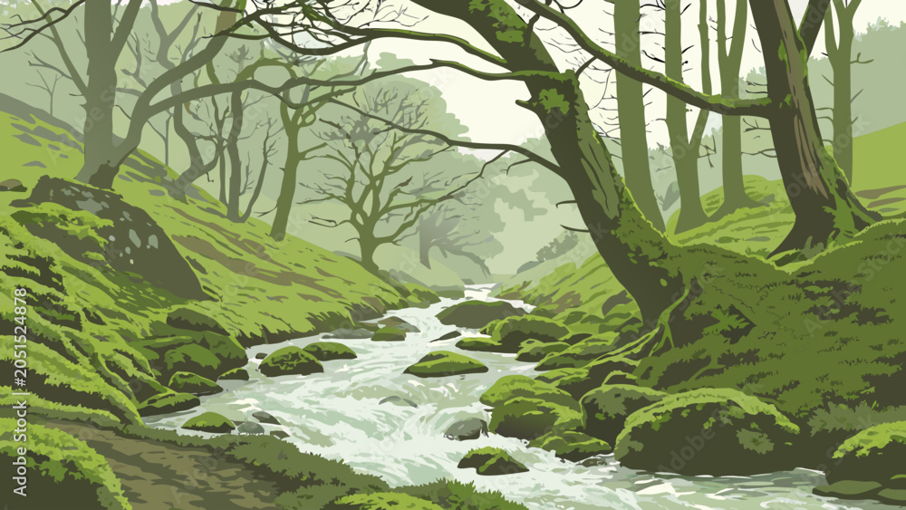 Fototapeta premium Misty forest river with mossy rocks illustration woodland tranquil landscape