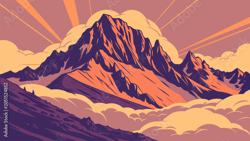 Bild auf Leinwand Rugged mountain peaks at sunset illustration with mountain landscape climbing