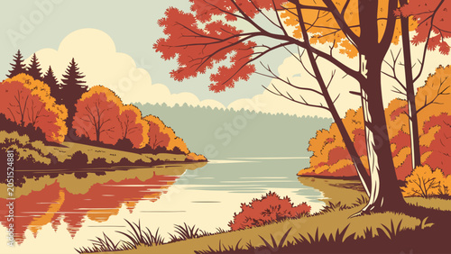Autumn lake landscape with colorful trees illustration landscape reflection
