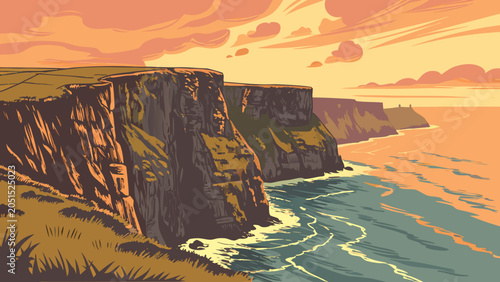 Foto Coastal sea cliffs landscape at sunset illustration with landscape, shoreline