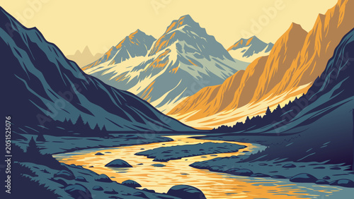 Canvastavla Majestic mountain river valley landscape illustration with mountain, landscape