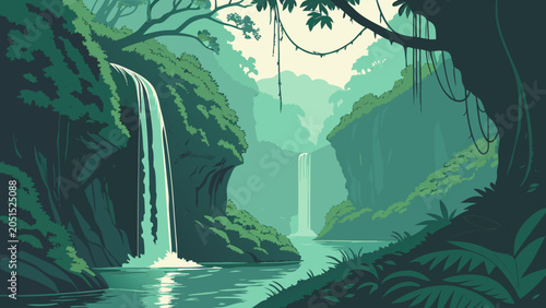 Bild auf Leinwand Graphic illustration of lush tropical waterfall cascade in deep jungle forest